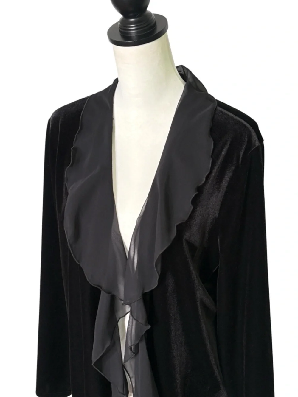 NWT Chicos Travelers Velvet Chiffon Ruffle Trim Jacket Black Size 2 / Large